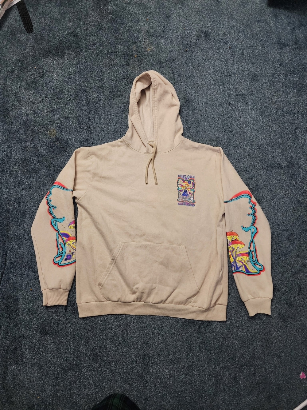 Beige Graphic Pullover Hoodie with Colorful Sleeve Art
